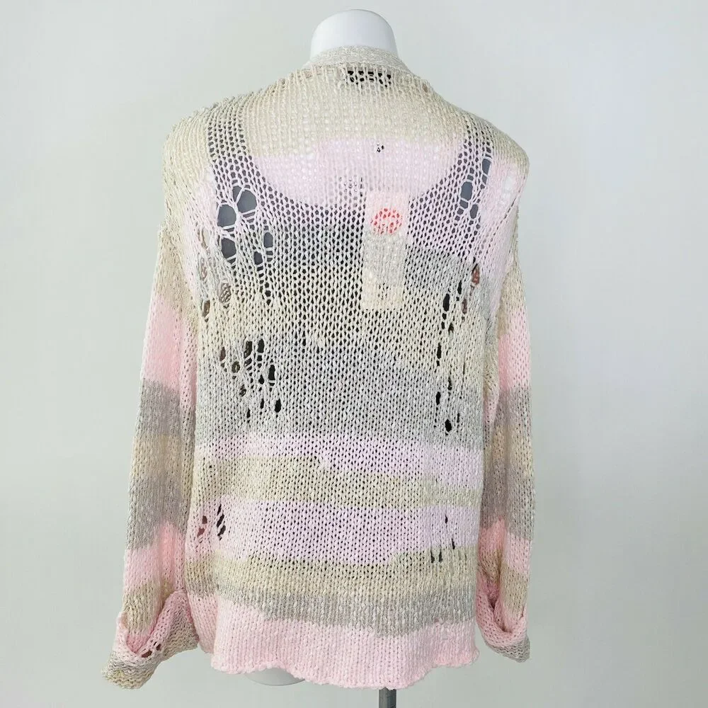WILDFOX Sweater Cardigan Women XS Pink Distressed Striped Open Knit oversized